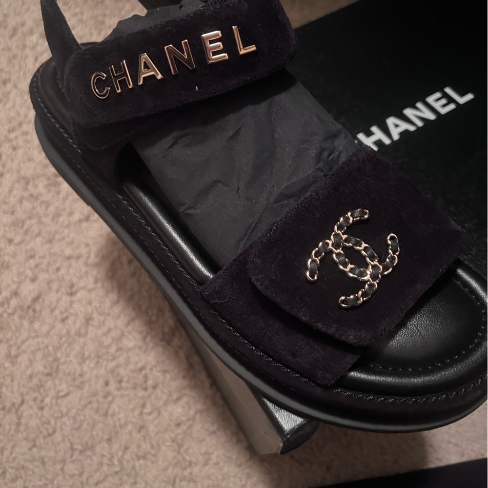 CHANEL Black Suede Double-Strap Logo Slide Sandals